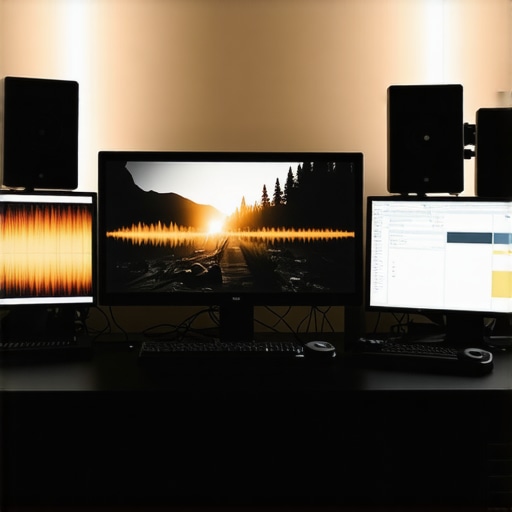 High-end video editing suite with HDR reference monitors and waveform displays for color grading.