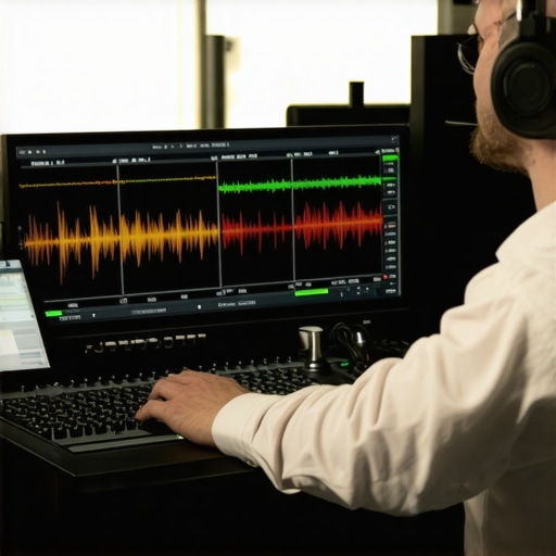 A professional editor using external hardware scopes and a color grading panel to ensure signal accuracy in a dark studio.