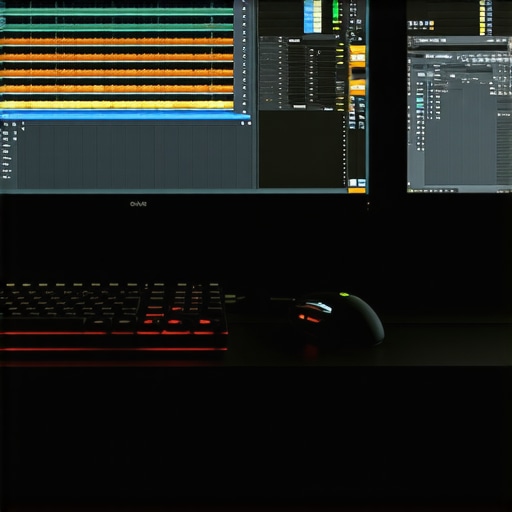 Professional High-Refresh Editing Workspace High-refresh-rate monitor displaying video editing timeline next to ergonomic mouse on workstation desk