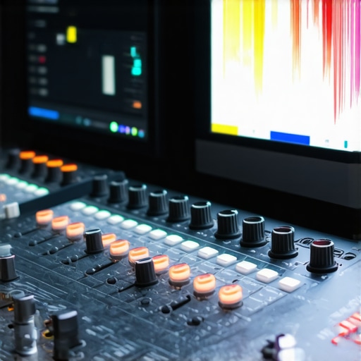 Tactile color grading control surface with illuminated dials and trackballs in a professional editing suite