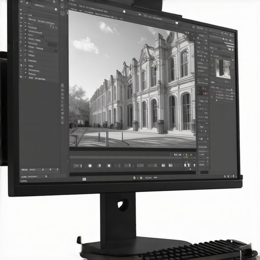 A photo editor using advanced mesh tools to correct wide-angle distortion on a professional monitor.