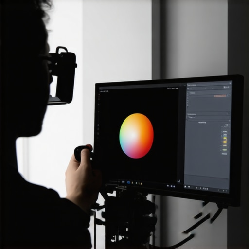 Professional editor calibrating a studio monitor with a hardware device