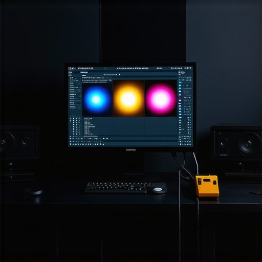 A professional video editing monitor being calibrated with a hardware colorimeter in a controlled lighting environment.
