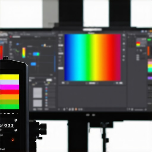 A technician calibrating a high-resolution editing monitor for color accuracy.