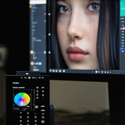 A hardware colorimeter calibrating an editing monitor displaying a high-contrast image mask.