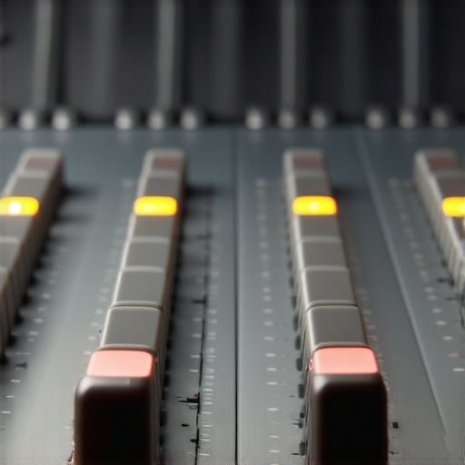 Close-up of motorized faders on a professional audio mixing console in a recording studio