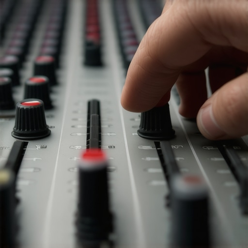 Close-up of an audio engineer's hand on a motorized fader during a mixing session.