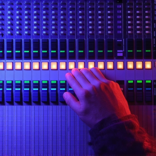 Close-up of mechanical faders on an audio control surface in a professional editing suite.