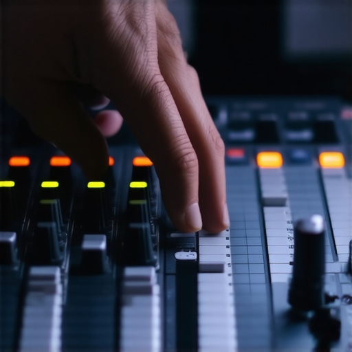 Close-up of a professional editor using motorized faders on a control surface in a dark studio setting.