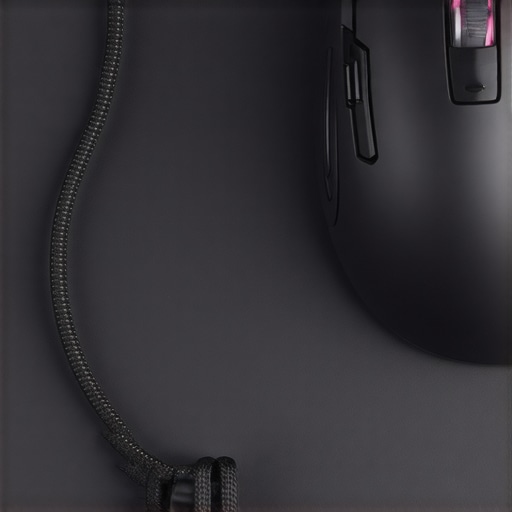Close-up of a mouse bungee holding a paracord cable to prevent friction during video editing.