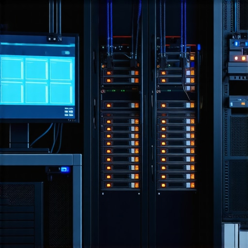 Close-up of a high-speed NAS server in a video editing studio.