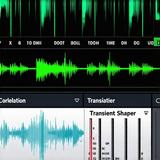Close up of audio editing software showing phase correlation and transient shaping tools for mixing.