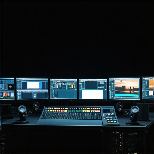 A professional video editing suite showing complex timelines and high-speed hardware for asset management.
