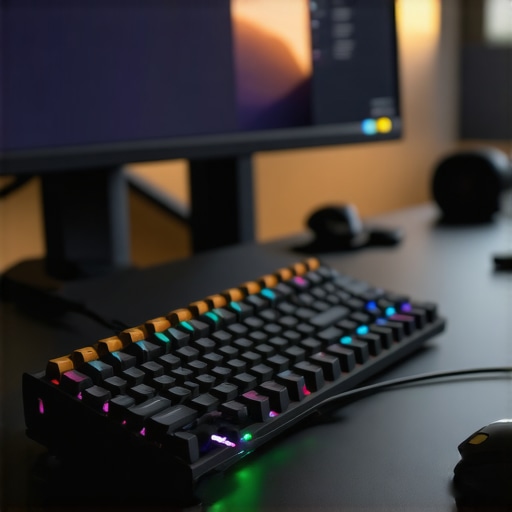 A professional editing workspace with a trackball, macro pad, and mechanical keyboard for video editing.