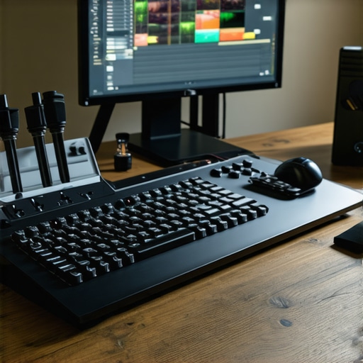 Professional video editing setup with mechanical dials and macro pads for high-speed workflow.