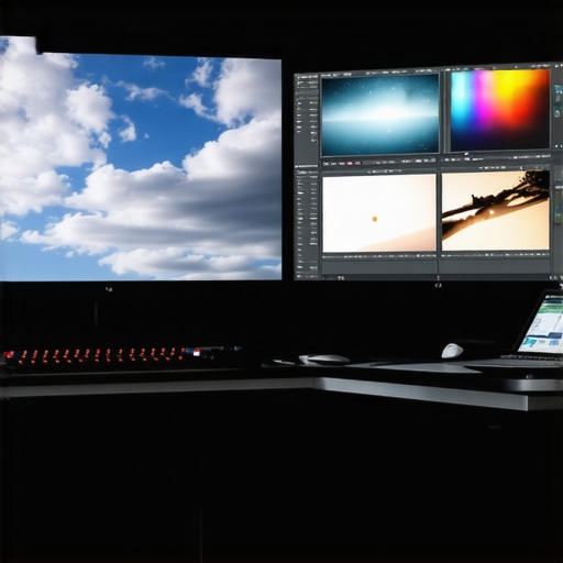 Professional Post-Production Workstation with Color Calibration High-end video editing workstation showing advanced compositing and color grading for sky replacement.