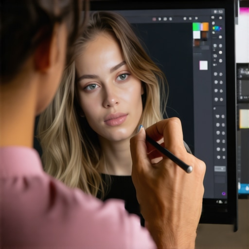 Expert editor using a stylus for precise skin retouching in high-contrast outdoor photography.