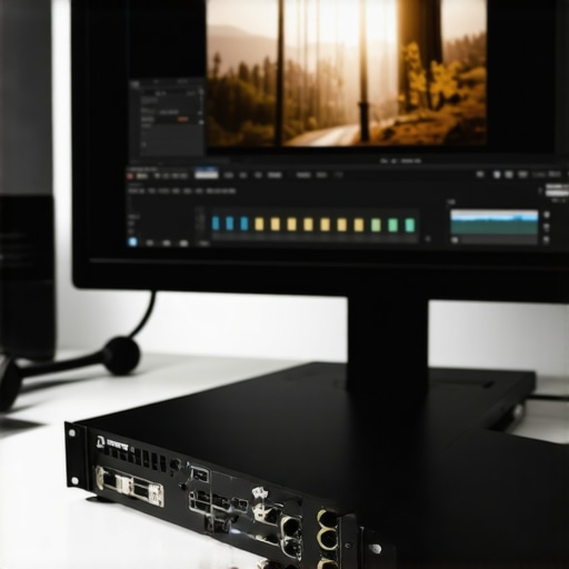 A high-end video editing workstation with a focus on hardware I/O for cinematic monitoring.