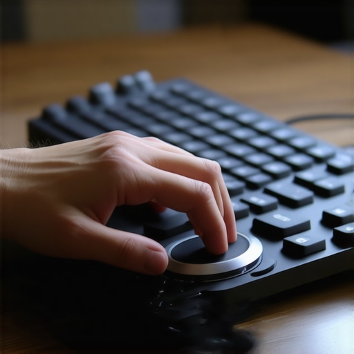 Professional Shuttle Dial for Precision Editing A hand using a metallic shuttle dial for video editing on a professional desk setup.