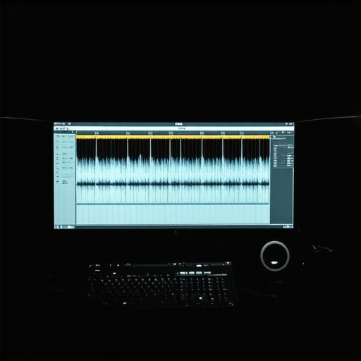 A detailed view of a spectral frequency display in a professional audio editing suite showing sound density and transients.