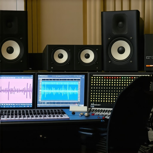 Professional audio editing setup with DAW showing compression curves.