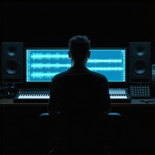 An expert audio editor working with spatial audio plugins and reference monitors in a treated studio environment.