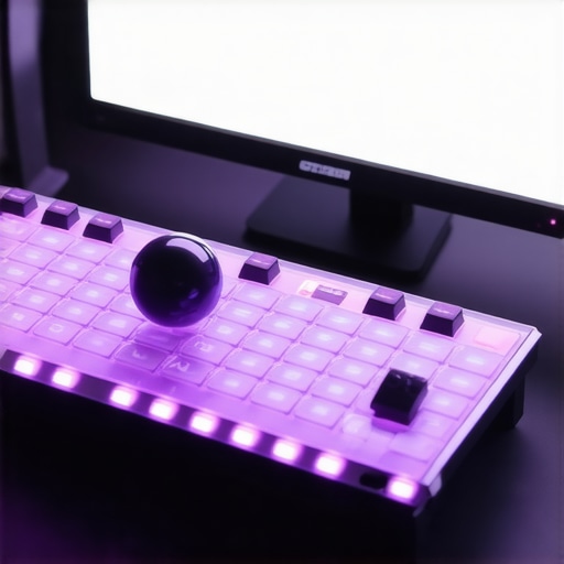 Close-up of a professional video editor's desk showing an ergonomic trackball and a custom macro pad for faster workflow.