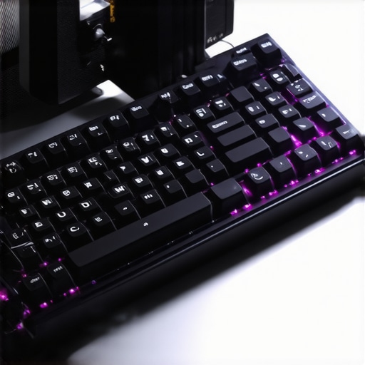 Close-up of high-end video editing peripherals including a weighted trackball and custom macro pad.