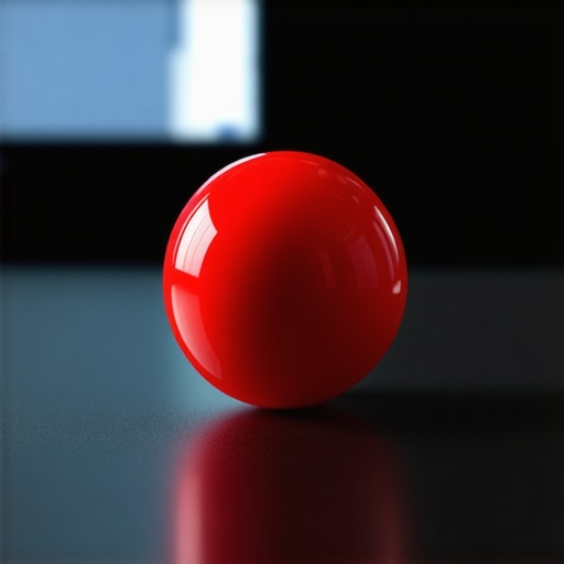 A high-end professional trackball with a weighted red resin ball used for precision video editing and color grading.