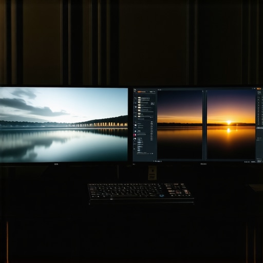 A side-by-side comparison of raw noisy footage and professionally denoised video on a high-end editing workstation.