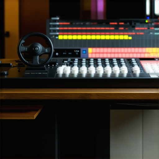 A high-end tactile shuttle controller and color grading panel on an editor's desk