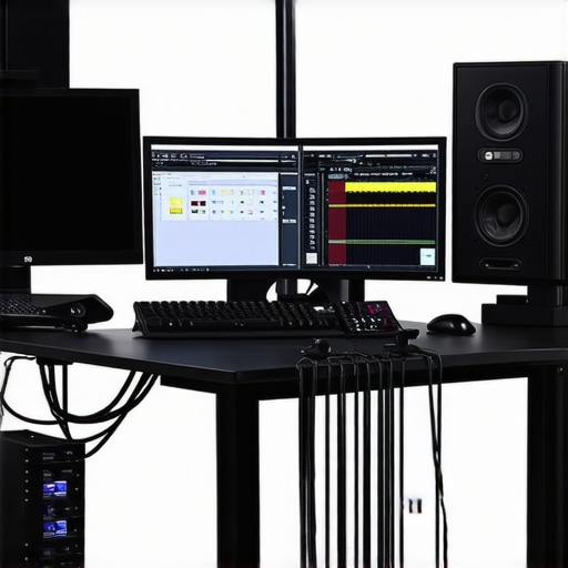 A high-end video editing workstation featuring color grading tools and professional monitors.