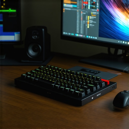 Professional Video Editing Hardware Setup High-end editing workstation with calibrated monitor and external SSD.