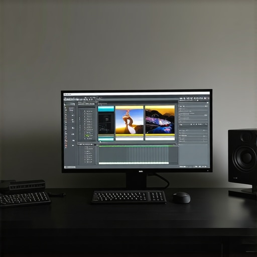 A professional video editing workstation showing a clean signal path setup with I/O hardware and a calibrated reference monitor.