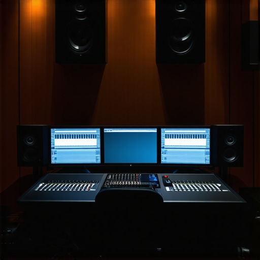 A modern, professionally treated video editing suite showcasing acoustic wall panels and advanced physical control interfaces.