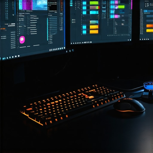 A high-end editing desk featuring a trackball and dual monitors for professional video post-production.