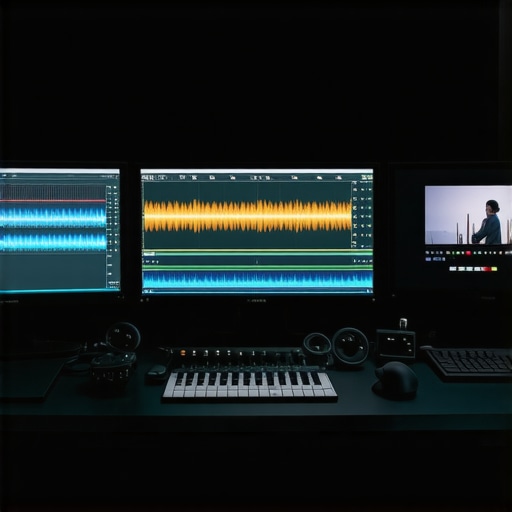 Professional video editing timeline with audio waveforms and cinematic b-roll preview in a modern studio environment.