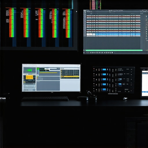 High-end video editing setup featuring dual monitors and external storage for large project management.