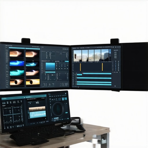 Professional Video Editing Workspace for 2.5D Animation A professional video editor's workspace featuring color-graded monitors and a complex 3D timeline layout.