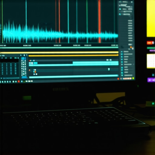 A high-end video editing suite showing a timeline with audio-visual synchronization for a whip-pan transition.