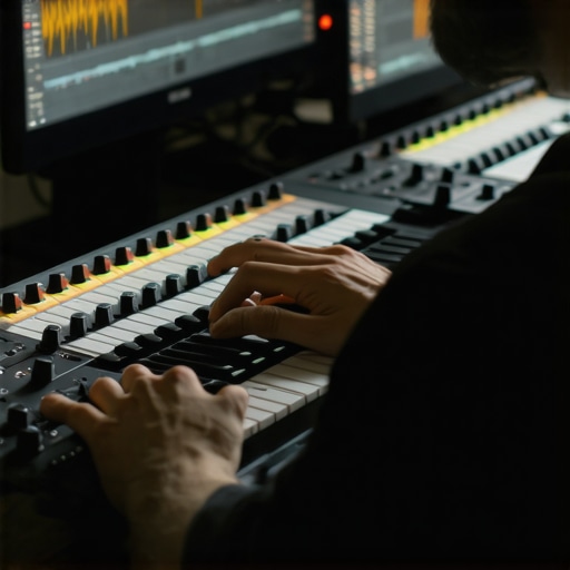 An over the shoulder view of an editor adjusting subframe audio transients on a detailed NLE timeline.