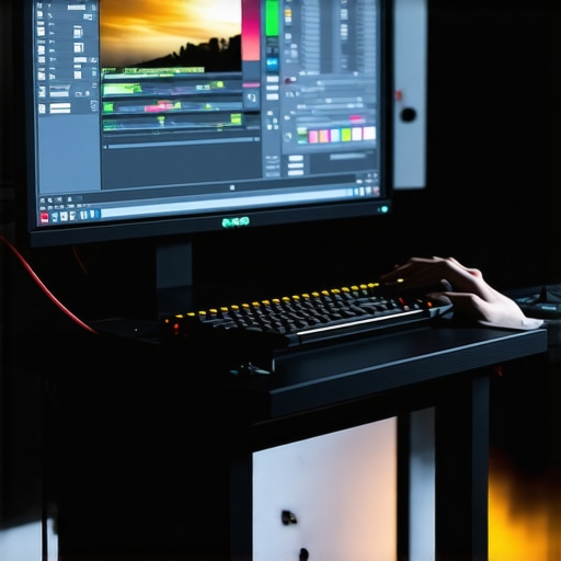 An editor using a monitor hood for accurate color grading in a professional studio environment