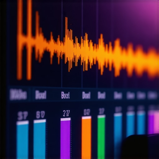 Spectral Frequency Mapping for Audio Repair A professional studio monitor displaying a detailed spectral frequency map used for identifying and removing high-frequency audio hiss.