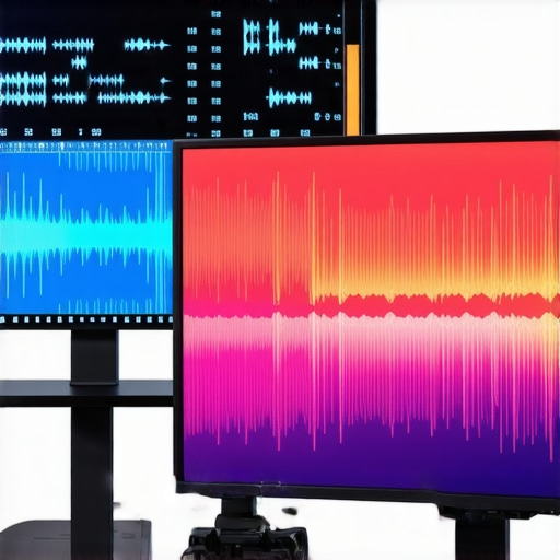 Professional audio-visual synchronization analysis on a dual-monitor setup.