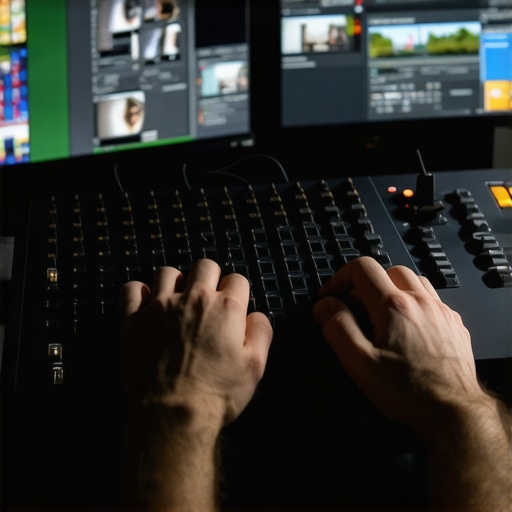 Hands operating an editing control surface with a detailed video timeline in the background.