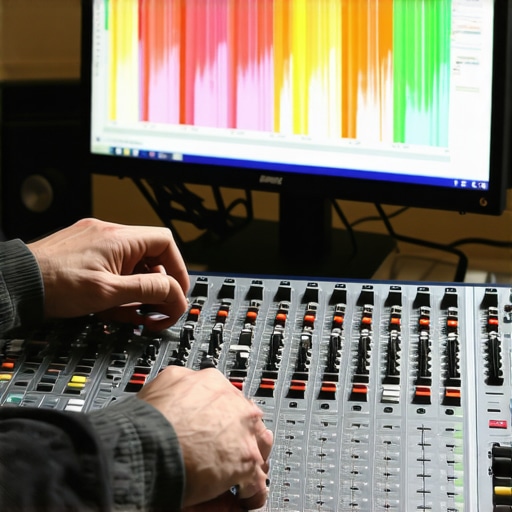 Professional audio engineer using mechanical faders and a DAW to align audio waveforms for phase correction.