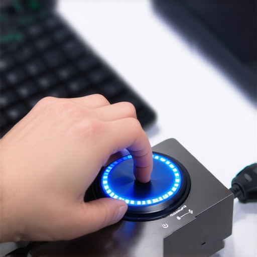 Close up of an editor's hand using a tactile shuttle controller for precision video editing