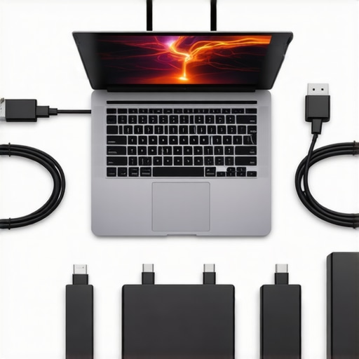 A laptop showing thermal heat distribution during a heavy video render with multiple thunderbolt peripherals connected.