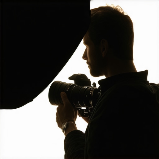 Cinematographer shading a camera lens with a cardboard flag to prevent ugly light flares