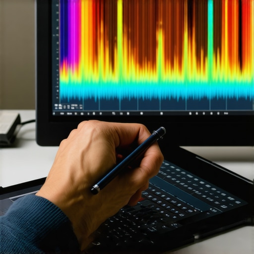 Professional audio editor using a stylus and tablet to manually paint out noise transients in spectral view.